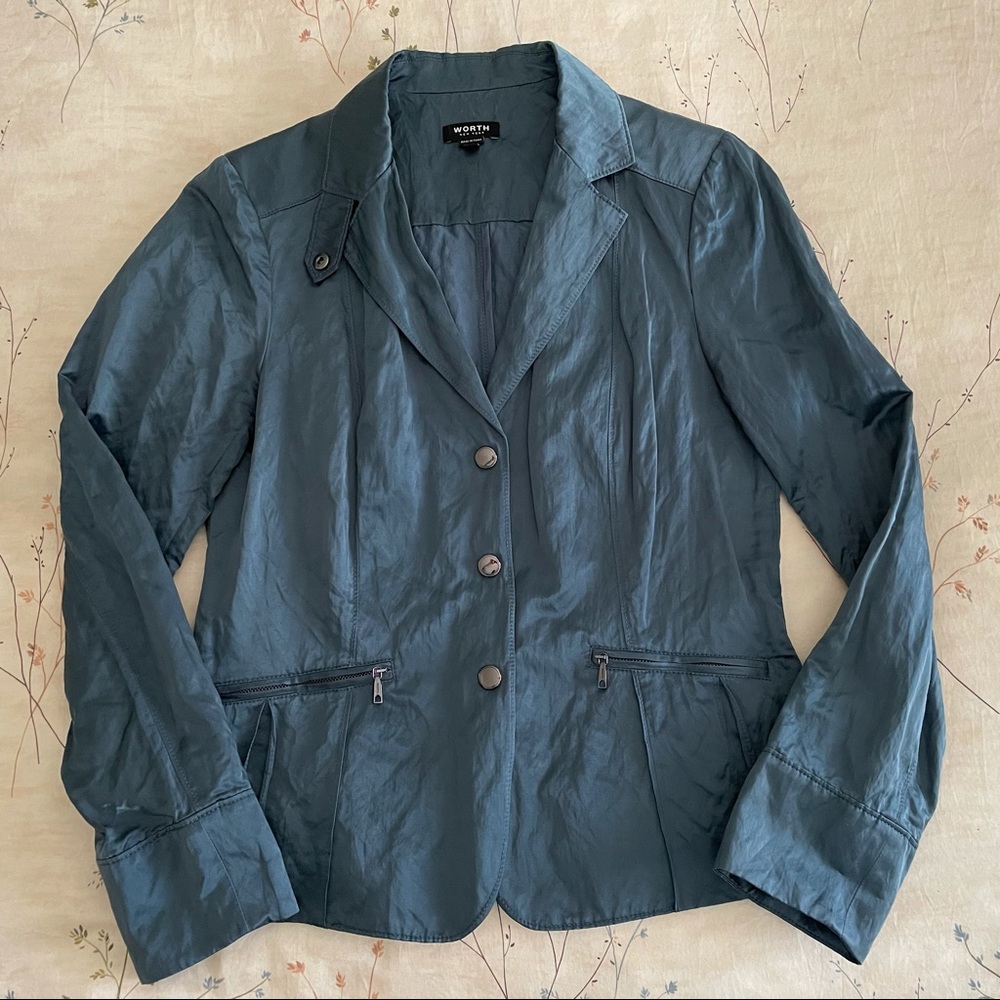 Worth New York Metallic Teal Snap Front Jacket